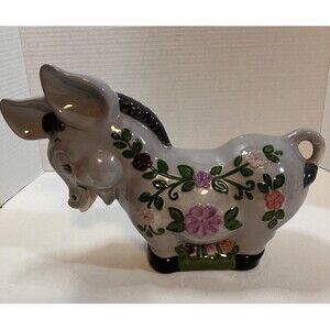 Vintage Hand Painted Artisan Made Ceramic Donkey Piggy Coin Bank Signed NR 1997